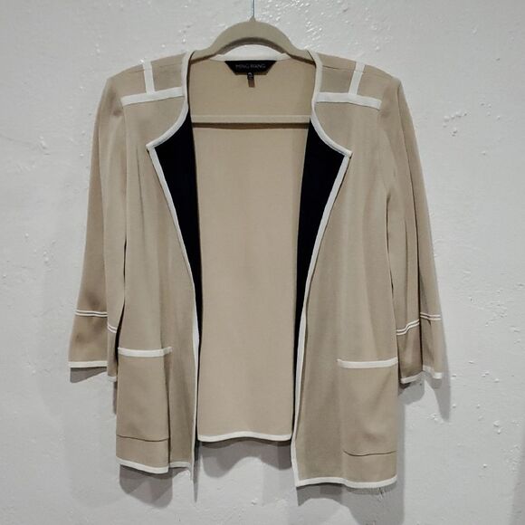Ming Wang Open Sweater Jacket in Beige with White Trim Size LP - Picture 1 of 9